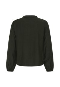 Chemise noire à manches longues avec un col simple, un dos uni et des poignets froncés sur fond blanc.