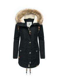 Svart parka-jacka med en huva klädd i konstpäls, tryckknapp- och dragkedjestängning, två framfickor, justerbar dragsko i nederkant och detaljerade hårdvaruaccenter.