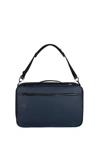 Marinblå bärväska för dator i slitstark nylon. Utrustad med ett handtag på toppen, en justerbar axelrem och en zip-försedd framficka för organisering.