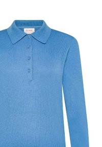 Polo a maniche lunghe di colore blu chiaro in maglia, con colletto, pattina a cinque bottoni e texture a coste su tutta la superficie. Etichetta del marchio visibile.