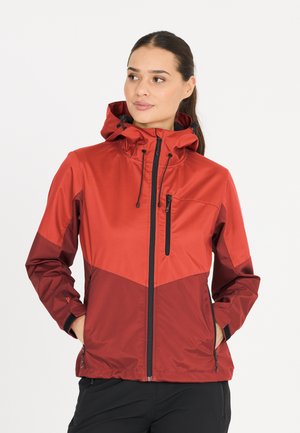 Red waterproof jacket with a hood, featuring a zipper pocket and elastic cuffs. Dual shades of red, smooth texture, suitable for outdoor wear.