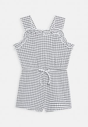 Czarny i biały rompers w kratkę z falbaniastymi ramiączkami, elastycznym paskiem w talii oraz detalem w postaci marszczenia z przodu; lekki materiał i krótka długość.
