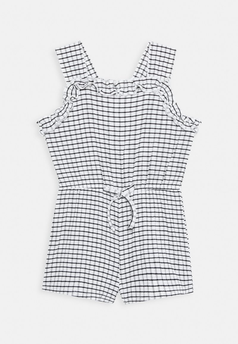 Jumpsuit a cuadros en blanco y negro con tirantes fruncidos, cinturilla elástica y detalle de lazo en el frente; tejido ligero y corto.
