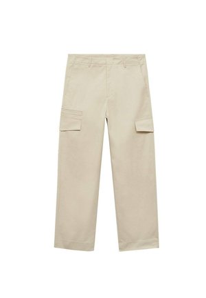 Beige cargo pants with a relaxed fit, multiple side pockets, flat front, and straight leg design. Smooth cotton fabric with minimal stitching.