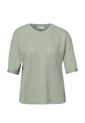 Pull tricot à manches courtes vert sauge clair avec col rond et revers de manches pliés, étiqueté Street One.