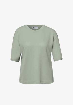 Pull tricot à manches courtes vert sauge clair avec col rond et revers de manches pliés, étiqueté Street One.