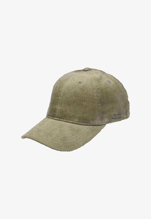 Žalias velveto baseballo kepuraitė su lenktu kraštu, šešiais ventiliacijos skylutėmis ir metaliniu prekės ženklo ženkliuku šone. Tekstūruota medžiaga su iškilniu raštu.