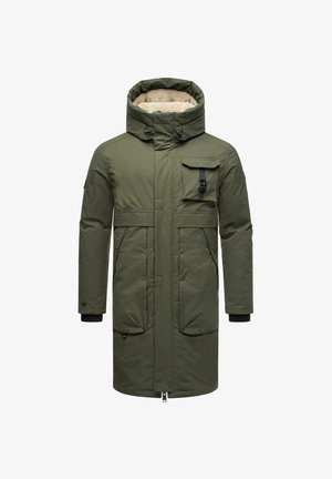 Olijfgroene parka jas met een met bont gevoerde capuchon, ritsluiting, twee voorzakken en een borstzak met een zwarte gesp-detail.