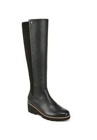 Bottes en cuir noir montantes jusqu'au genou avec une finition texturée et des panneaux latéraux en élasthanne. Semelle épaisse avec un léger talon et un petit accent métallique.
