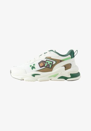White and green sneaker with pixelated Minecraft Creeper and block designs on the side, chunky sole, and pull tab at heel.