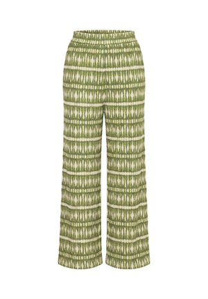 Pantaloni a gamba larga con motivo tie-dye verde e bianco, cintura elastica e orlo dritto.
