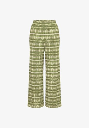 Grün-weiß gemusterte Batik-Hose mit weitem Bein, elastischem Bund und geradem Saum.