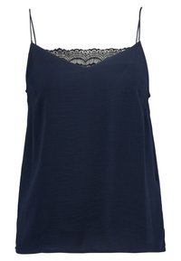 Mörkblå linne med känslig svart spetskant vid halsringningen, med tunna justerbara axelband och en lös, svepande design.