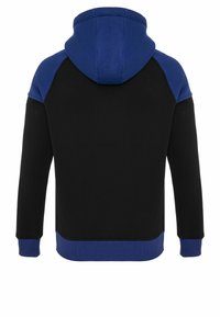 Sweat à capuche noir avec accents bleus sur les épaules et les poignets. Comprend une capuche avec cordon de serrage, un ourlet côtelé et un tissu texturé. Vue de dos montrée.