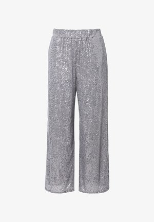 Silberne Pailletten-Hosen mit weitem Bein, einem elastischen Bund, schimmernder Textur und lockerer Passform, ideal für lässige oder festliche Anlässe.