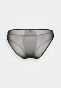 Svart genomskinlig bikiniunderkläder med en slät textur, försedd med en broderad "FREEDOM" i regnbågens färger på framsidan. Minimalistisk design.