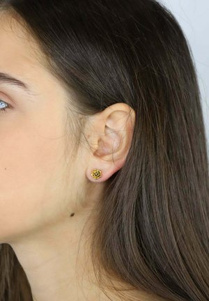 Ohrstecker in Goldoptik in Form von Rosen mit filigranen Details, getragen am Ohr eines Modells mit glattem, dunklem Haar.