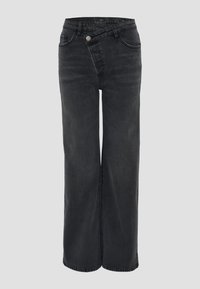 Zwarte wijde spijkerbroek van denimstof, met een ritsluiting, voorzakken en contrasterende stiksels langs de naden.