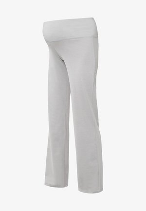 Pantalons de maternité gris clair avec une ceinture large et extensible, jambes droites et texture de tissu lisse. Pas de motifs ou d'accents visibles.