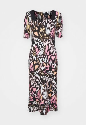 Mehrfarbiges Kleid mit quadratischem Ausschnitt und kurzen Ärmeln. Gefertigt aus dehnbarem Stoff mit einem Schmetterlingsdruck in Pink, Schwarz und Weiß.