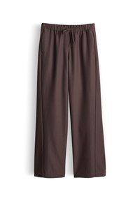 Pantalon marron à jambes larges avec taille élastique et cordon, doté de poches sur les côtés, présenté sur fond blanc.