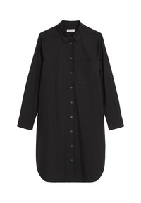 Robe chemise noire longue à boutons avec col, manches longues, poche poitrine avant et ourlet arrondi.