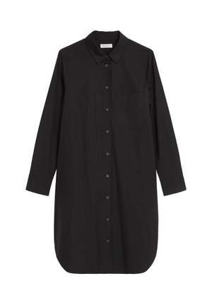 Long black button-up shirt dress with collar, long sleeves, front chest pocket, and rounded hem.