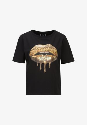 Zwart T-shirt met korte mouwen, met een gouden mozaïeklippenafbeelding waaruit metallic gouden verf druppelt en de tekst "19V69 Italia" aan de voorkant.