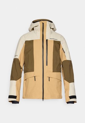 Heren waterdichte jas in beige, bruin en donkerbruin. Heeft geometrische kleurvlakken, een ritssluiting aan de voorkant, een verstelbare capuchon en mouwmanchetten.
