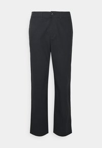 Svarta byxor i vävt tyg, med rak ben design, framfickor, knäppning med knapp och en slät yta.