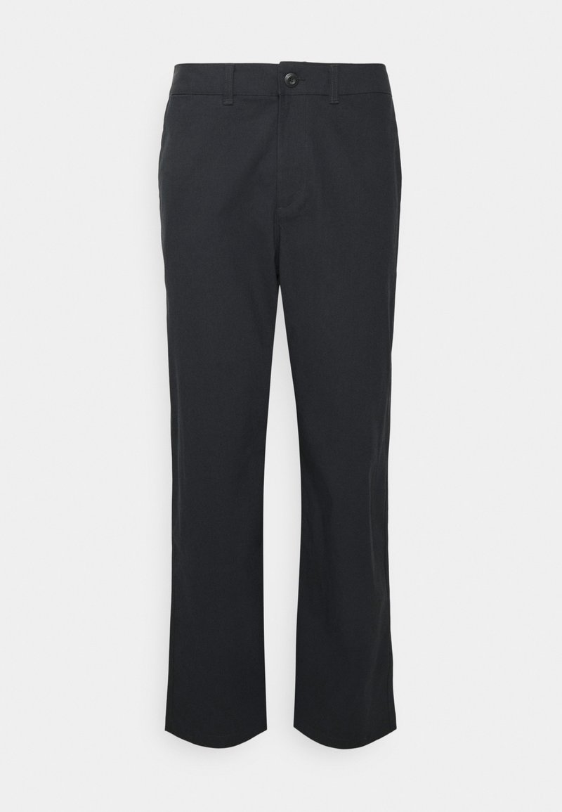 Svarta byxor i vävt tyg, med rak ben design, framfickor, knäppning med knapp och en slät yta.