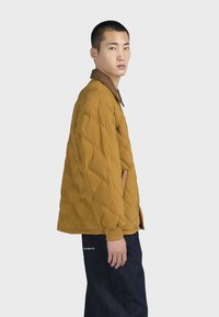 Giacca trapuntata gialla senape con colletto marrone, dal fit rilassato e con tasche laterali, abbinata a pantaloni in denim blu scuro.