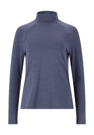 Langarmtop van gemêleerd donkerblauw stof, met een hoge kraag, raglanmouwen en een losse pasvorm. Zachte textuur, minimalistisch ontwerp.