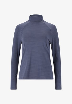 Langarmtop van gemêleerd donkerblauw stof, met een hoge kraag, raglanmouwen en een losse pasvorm. Zachte textuur, minimalistisch ontwerp.