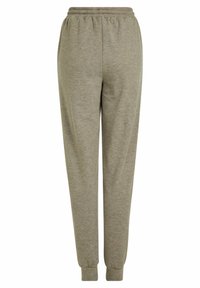 Lichtgrijze joggpants met een elastische tailleband, taps toelopende boorden en zachte, gestructureerde stof. Geen zichtbare zakken of versieringen.
