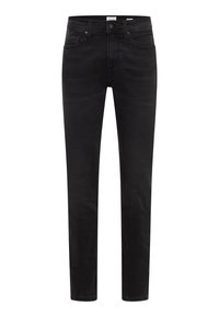 Czarne dżinsy z wąskim krojem, wyposażone w pięć kieszeni, szlufki na pasek oraz zapięcie na guzik z przodu. Gładka tekstura, minimalne ścieranie.