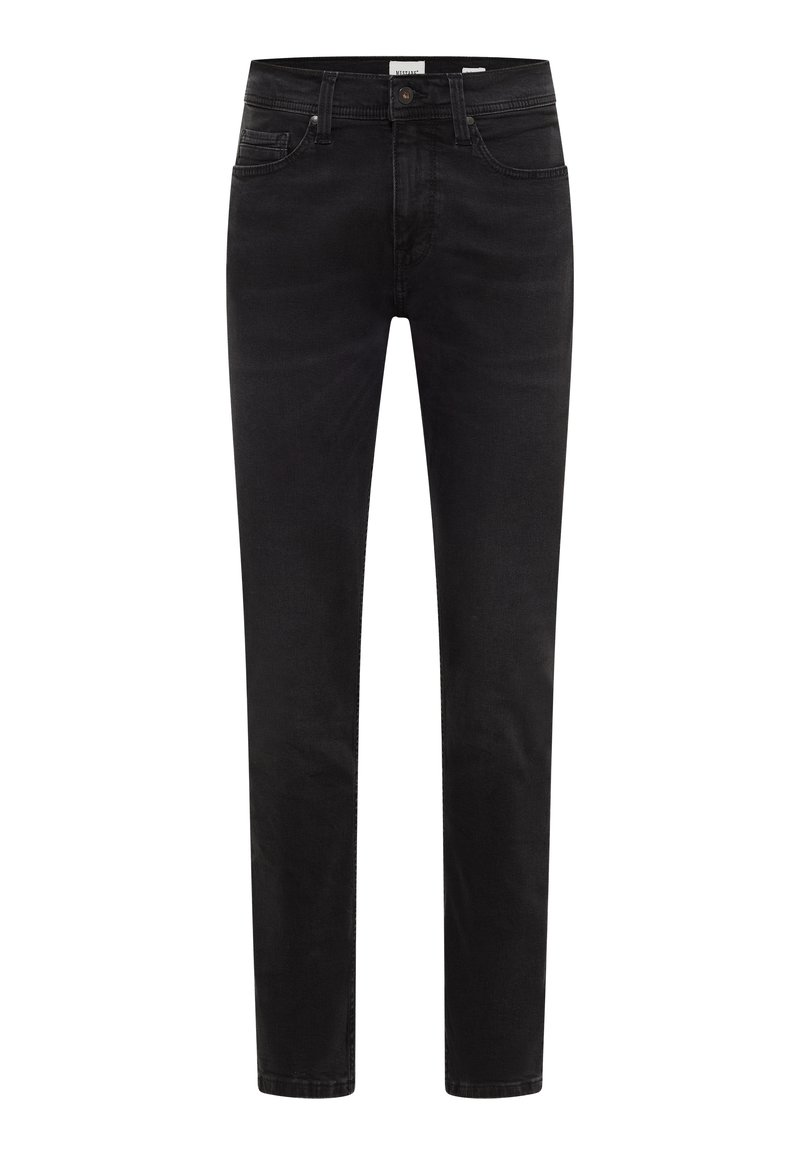 Czarne dżinsy z wąskim krojem, wyposażone w pięć kieszeni, szlufki na pasek oraz zapięcie na guzik z przodu. Gładka tekstura, minimalne ścieranie.