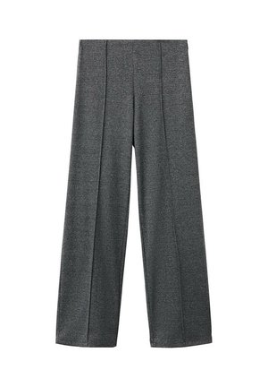 Pantalon gris à jambes larges avec un motif à carreaux subtil et des plis à l'avant, présenté à plat sur un fond blanc.