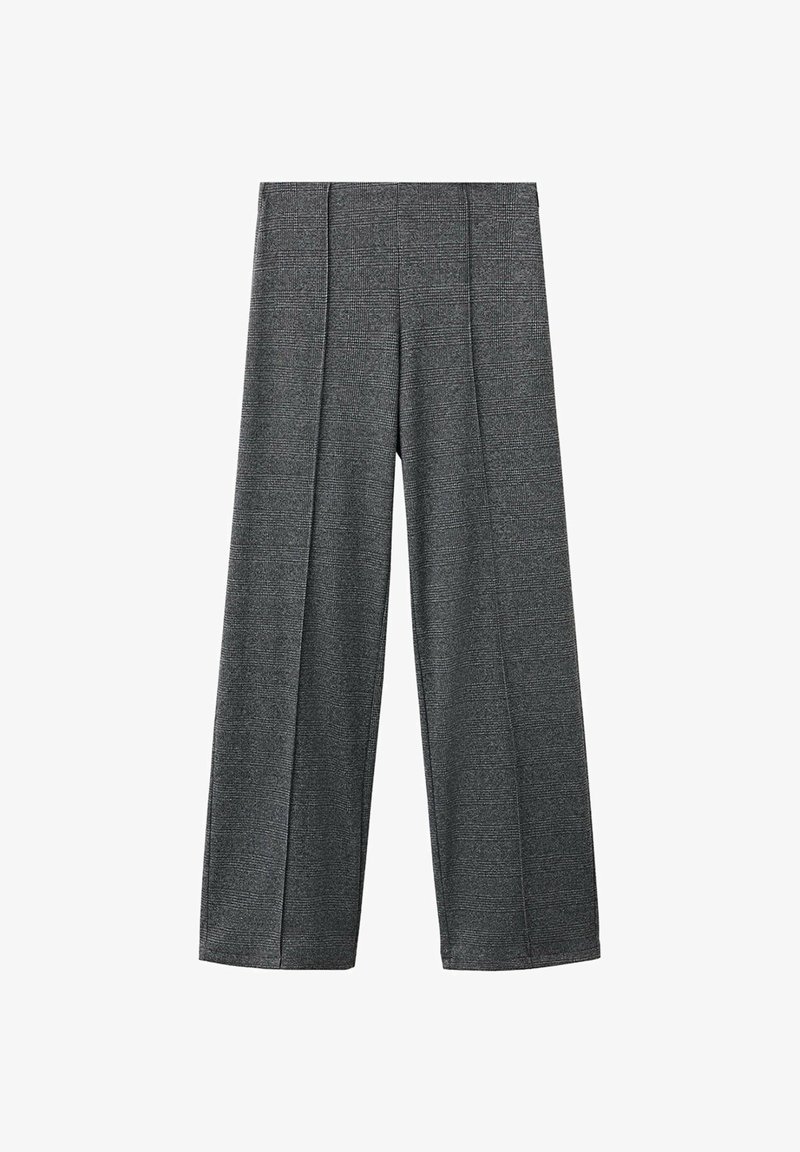 Pantalon gris à jambes larges avec un motif à carreaux subtil et des plis à l'avant, présenté à plat sur un fond blanc.