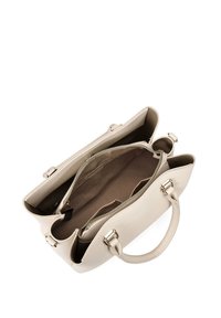 Beige handtas met een textuurovervlak, bovenhandvatten en een ritssluiting. Het interieur heeft twee compartimenten en een zachte voering. Accenten in goudkleurig beslag.