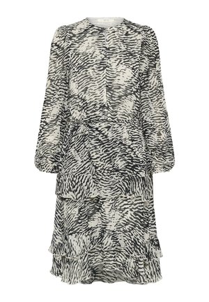 Long-sleeve black and white zebra print dress with layered ruffle hem and gathered waist detailing.