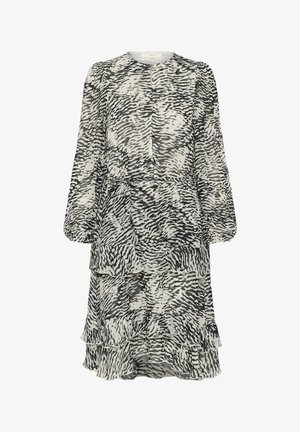 Rochie cu mânecă lungă, imprimeu în dungi alb-negru de zebură, cu tiv cu volane stratificate și detalii cu talie adunată.