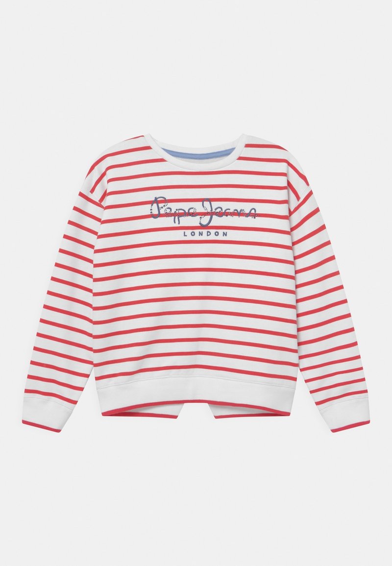 Czerwono-biały sweter z paskami, z okrągłym dekoltem, z napisem "Pepe Jeans London" w granatowym kolorze. Szczegół wycięcia u dołu.