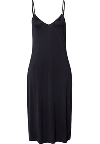 Vestido de satén negro tipo slip con finas tirantes ajustables y escote en V. Textura suave, de longitud media con una silueta fluida.