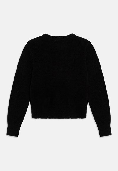 Maglione nero corto con maniche lunghe, realizzato in un morbido tessuto testurizzato. Presenta un colletto rotondo a coste e polsini aderenti.