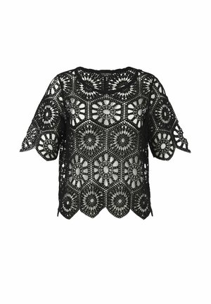 Schwarzes kurzärmeliges Häkel-Top mit kreisförmigen Blumenmustern und gewelltem Saum auf weißem Hintergrund.