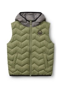 Olive green puffer vest with a gray hood, featuring a zip front, chevron quilted design, and embroidered logo on the upper left side.