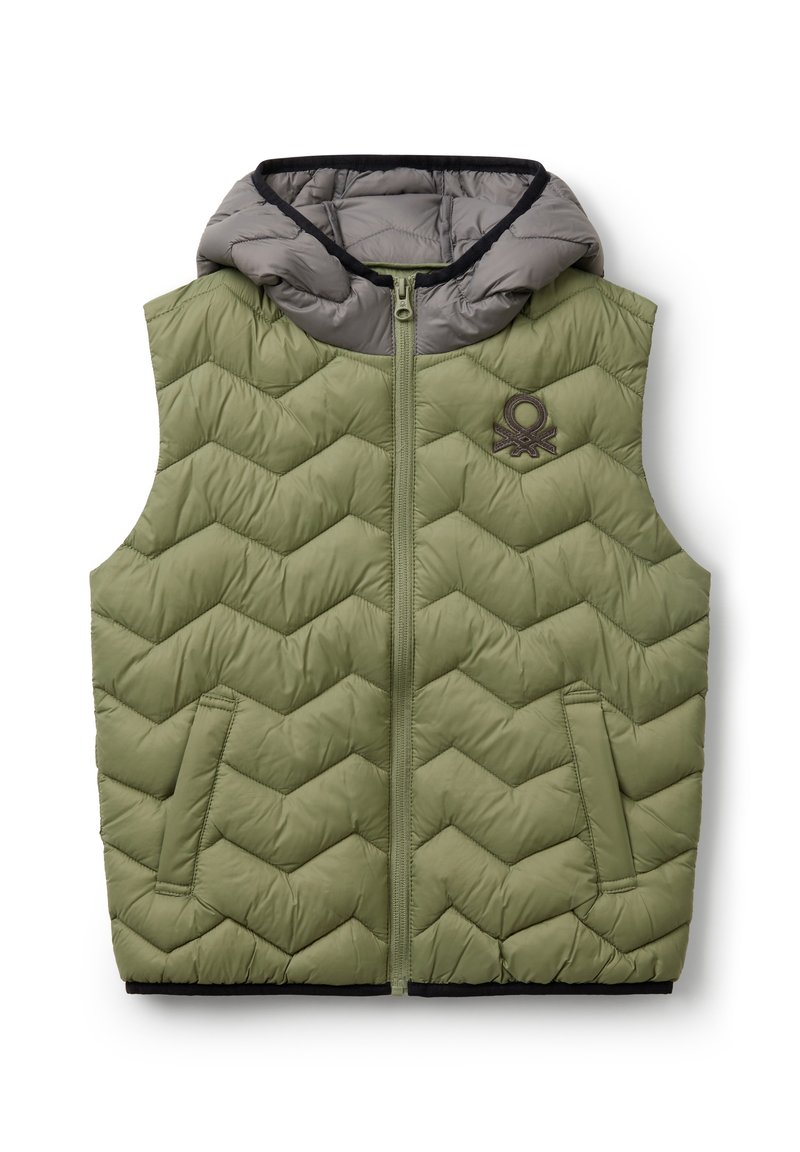 Olive green puffer vest with a gray hood, featuring a zip front, chevron quilted design, and embroidered logo on the upper left side.
