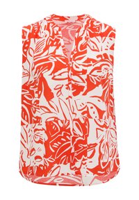 Blouse sans manches avec un motif floral abstrait orange vif et blanc, à col en V avec une patte de boutonnage cachée.