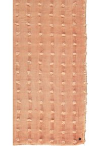 Tela de melocotón claro con rayas texturizadas y acentos nudos elevados. Los bordes terminados están ligeramente deshilachados. Adecuada para prendas de vestir o decoración del hogar.